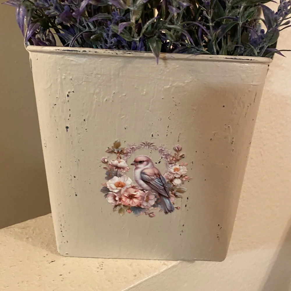 Lavender Florals in Metal Planter.Hand Painted with added Bird Transfer.Can Hsng